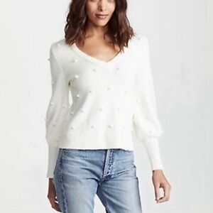 Madewell Dashwood Ivory Bobble V Neck Puff Sleeve Wool Blend Sweater